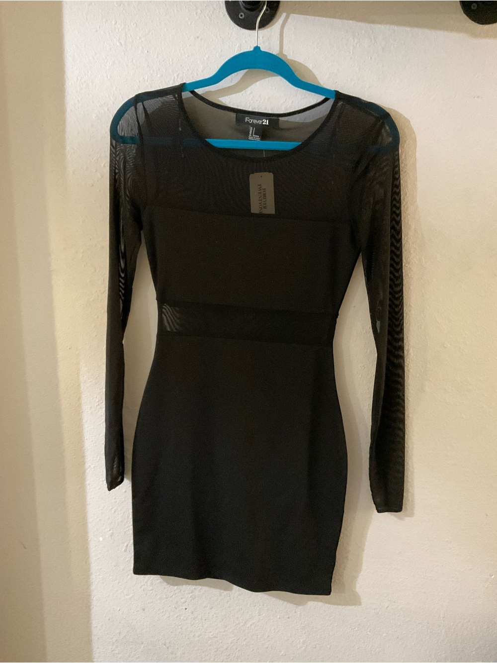 Forever 21 Black Mesh Panel Long Sleeve Bodycon Dress